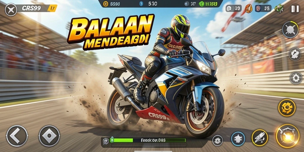 Gameplay CRS99 menampilkan balapan motor yang mendebarkan dan seru.