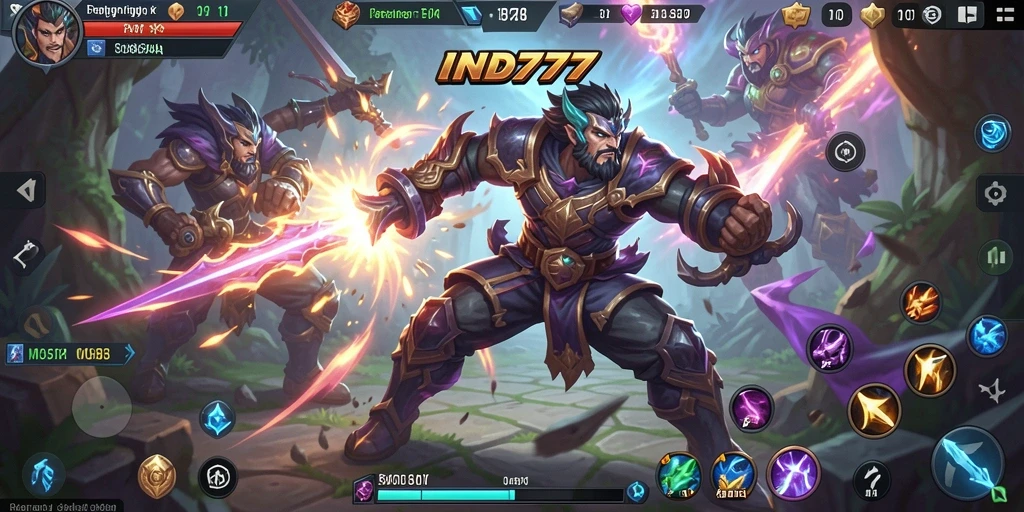 Screenshot gameplay IND777 menampilkan pertempuran seru antara tim di arena MOBA.