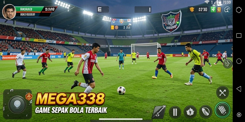 Tampilan utama MEGA338 menampilkan pemain beraksi di lapangan hijau.