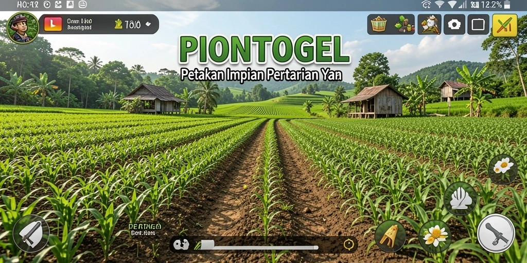 Screenshot gameplay <strong>PIONTOGEL</strong> dengan lahan pertanian yang subur.